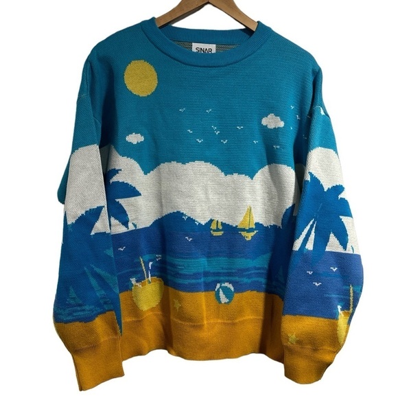 Sinar knit sweater men’s unisex sailboat beach scenery small NEW